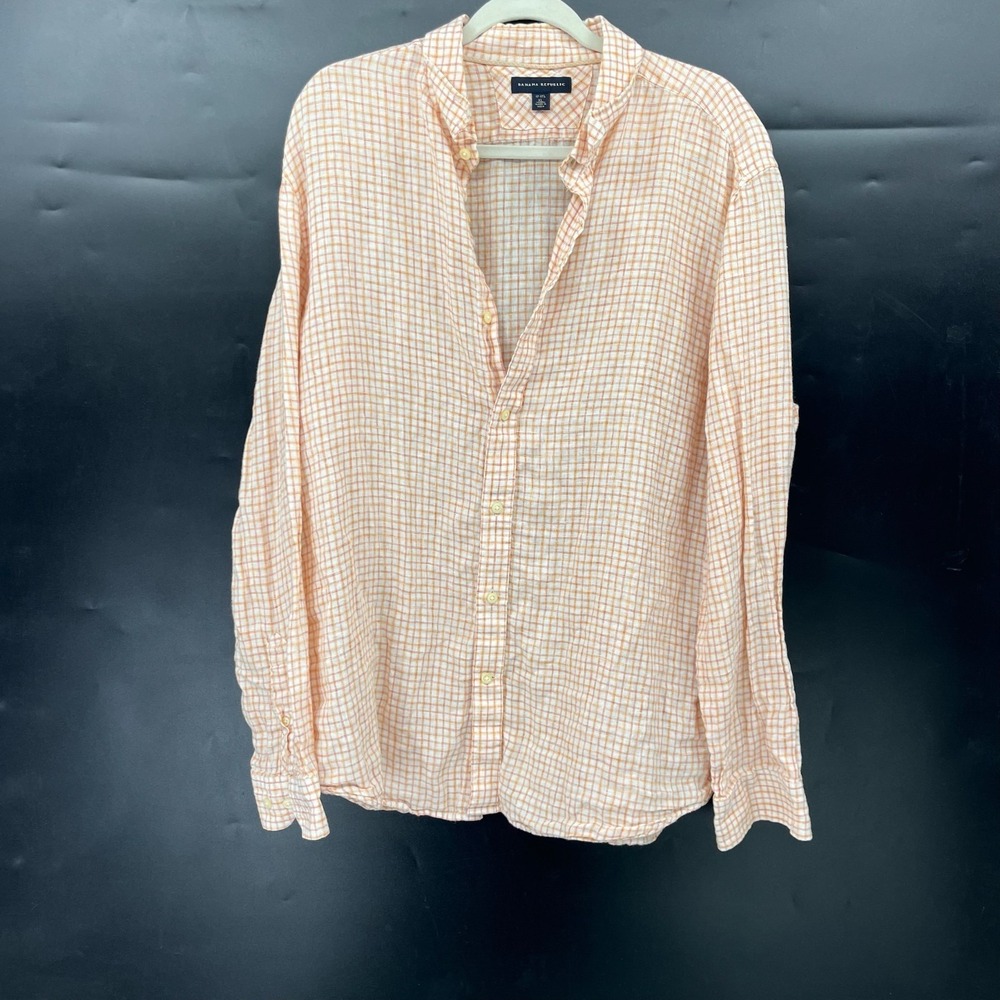 Banana Republic orange checkered long sleeve linen button up shirt 17-17.5 XL